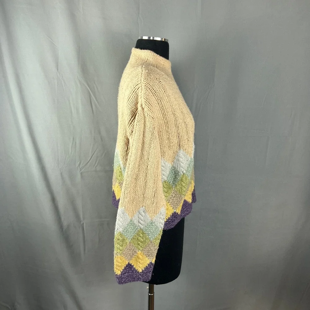 Liz Claiborne Knitted By Hand Sweater Womens Medium Multicolor Argyle Mock Neck